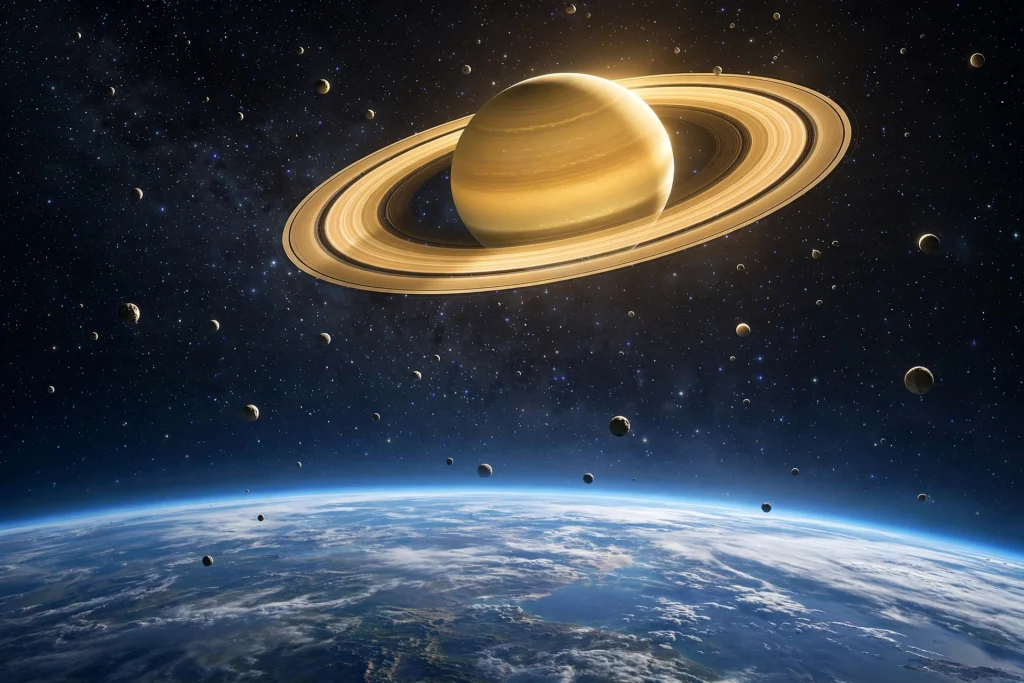 Golden Saturn above the horizon with small moons across a star field