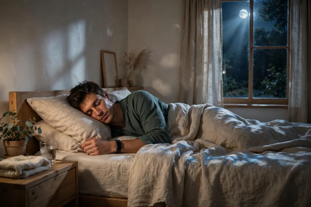Person sleeping peacefully while wearing a smart sleep tracker