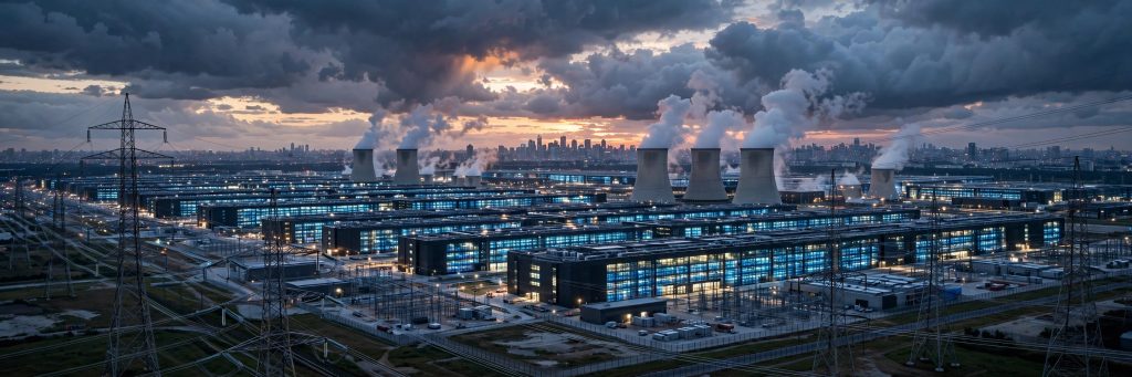 A massive AI data centre at dusk with glowing server halls and cooling towers