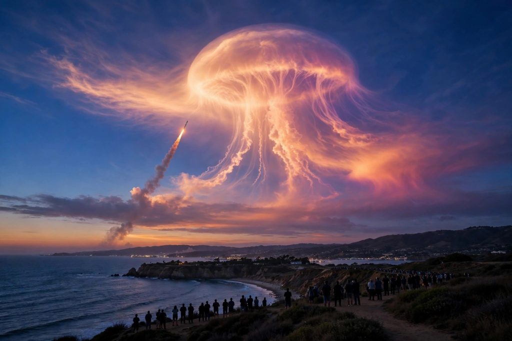 SpaceX Rocket Launch Creates Stunning ‘Jellyfish Cloud’ Visible Off US East Coast A rocket launch at twilight creating a glowing jellyfish-shaped cloud over a coastline